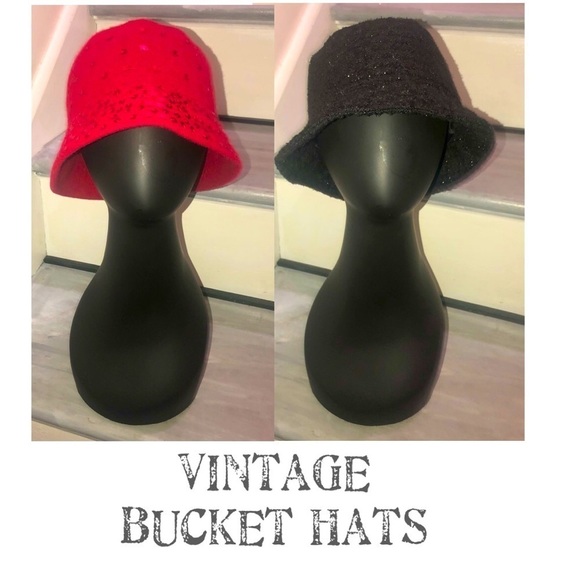 August black sparkly bucket hat & Nine West Red sequin wool hat Vintage - Picture 1 of 16